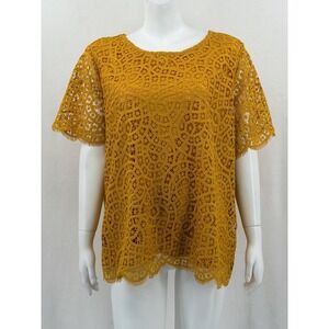 Philosophy Top Womens 2XL Mustard Lace Crochet Short Sleeve Office Work Feminine
